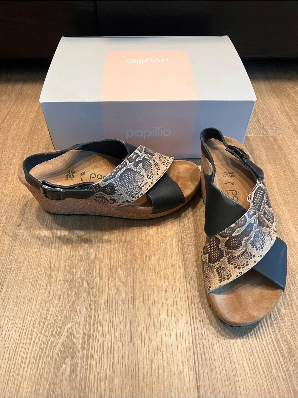 Papillo by Birkenstock Samira Wedge Sandals Black Snake Beige Leather EU 39 US 8